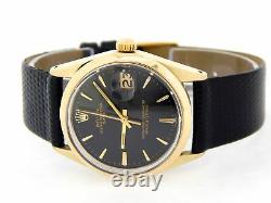 Rolex Date 1550 Mens 14K Gold Shell Watch Black Leather Band Black Dial 34mm