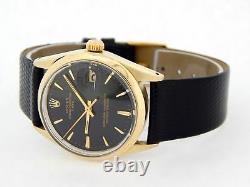 Rolex Date 1550 Mens 14K Gold Shell Watch Black Leather Band Black Dial 34mm