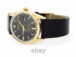 Rolex Date 1550 Mens 14K Gold Shell Watch Black Leather Band Black Dial 34mm