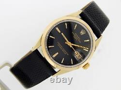 Rolex Date 1550 Mens 14K Gold Shell Watch Black Leather Band Black Dial 34mm