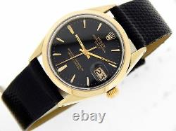 Rolex Date 1550 Mens 14K Gold Shell Watch Black Leather Band Black Dial 34mm