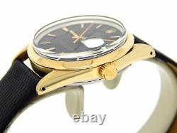 Rolex Date 1550 Mens 14K Gold Shell Watch Black Leather Band Black Dial 34mm