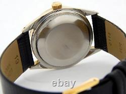 Rolex Date 1550 Mens 14K Gold Shell Watch Black Leather Band Black Dial 34mm