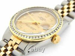Rolex Date Mens Stainless Steel Yellow Gold Watch Diamond Dial & Bezel Champagne