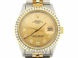 Rolex Date Mens Stainless Steel Yellow Gold Watch Diamond Dial & Bezel Champagne