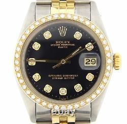 Rolex Date Mens Steel & Yellow Gold Watch Black Diamond Dial Diamond Bezel