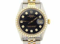 Rolex Date Mens Steel & Yellow Gold Watch Black Diamond Dial Diamond Bezel