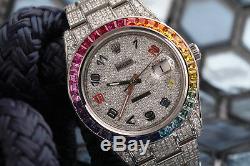 Rolex Datejust II 41mm Rainbow Dial & Bezel Fully Iced Out SS Men's Watch 116300