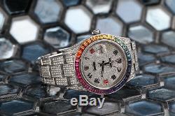 Rolex Datejust II 41mm Rainbow Dial & Bezel Fully Iced Out SS Men's Watch 116300