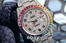 Rolex Datejust II 41mm Stainless Steel Fully Iced Out Watch with Rainbow Bezel a