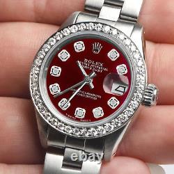 Rolex Datejust Ladies 26mm Diamond Bezel/Ruby Red Dial Oyster Steel Watch