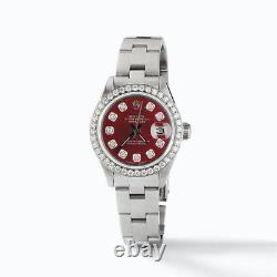 Rolex Datejust Ladies 26mm Diamond Bezel/Ruby Red Dial Oyster Steel Watch