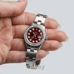 Rolex Datejust Ladies 26mm Diamond Bezel/Ruby Red Dial Oyster Steel Watch