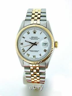 Rolex Datejust Mens 18K Yellow Gold & Steel Watch White Roman Dial Jubilee 16013