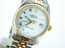 Rolex Datejust Mens 18K Yellow Gold & Steel Watch White Roman Dial Jubilee 16013
