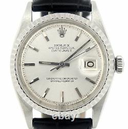 Rolex Datejust Mens SS Stainless Steel Black Strap Band Silver Dial Watch 1603