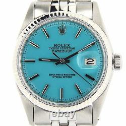 Rolex Datejust Mens Stainless Steel 18K White Gold Watch with Turquoise Blue Dial