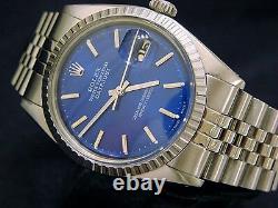 Rolex Datejust Mens Stainless Steel Watch Engine-Turned Bezel Blue Dial 1603