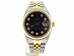 Rolex Datejust Mens Stainless Steel Yellow Gold Watch Diamond Black 16013