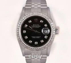 Rolex Datejust Stainless Steel 18k Diamond Bezel 36mm Watch-Black Diamond Dial