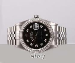 Rolex Datejust Stainless Steel 18k Diamond Bezel 36mm Watch-Black Diamond Dial