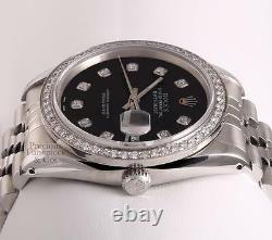 Rolex Datejust Stainless Steel 18k Diamond Bezel 36mm Watch-Black Diamond Dial