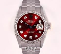 Rolex Datejust Stainless Steel 36mm Watch-Red Diamond Dial-18k Diamond Bezel-Box