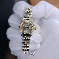 Rolex Ladies Datejust 18ky Gold & Steel Gray Diamond Dial Fluted 26mm Watch