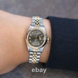 Rolex Ladies Datejust 18ky Gold & Steel Gray Diamond Dial Fluted 26mm Watch