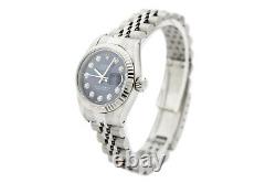 Rolex Ladies Datejust 69174 18K White Gold & Steel Blue Diamond Dial Watch