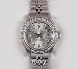 Rolex Lady Datejust Stainless Steel 26mm Watch-Silver Diamond Dial-Diamond Bezel