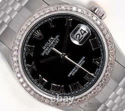 Rolex Men Datejust Stainless Steel 18k Diamond Bezel-Black Roman Dial 36mm Watch