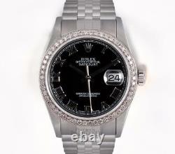 Rolex Men Datejust Stainless Steel 18k Diamond Bezel-Black Roman Dial 36mm Watch