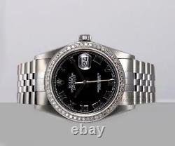 Rolex Men Datejust Stainless Steel 18k Diamond Bezel-Black Roman Dial 36mm Watch