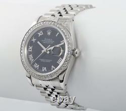 Rolex Men Datejust Stainless Steel 18k Diamond Bezel-Black Roman Dial 36mm Watch