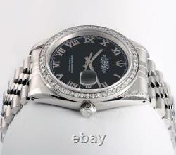 Rolex Men Datejust Stainless Steel 18k Diamond Bezel-Black Roman Dial 36mm Watch