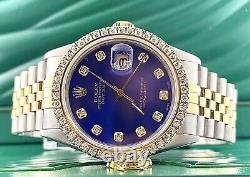 Rolex Men's Datejust 36mm 18k Yellow Gold & Steel ICED 2.50ct Diamonds Blue Dial