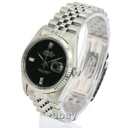 Rolex Men's Datejust Steel Black Diamond Dial Fluted Bezel 36mm Watch