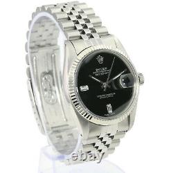 Rolex Men's Datejust Steel Black Diamond Dial Fluted Bezel 36mm Watch