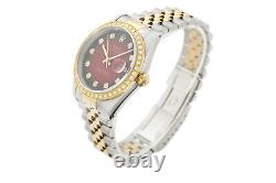 Rolex Mens Datejust 16233 18K Yellow Gold & Steel Red Vignette Diamond Watch