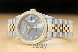 Rolex Mens Datejust 16233 Gray Diamond Dial 18k Yellow Gold & Steel Watch