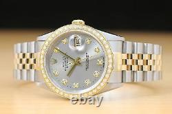 Rolex Mens Datejust 16233 Gray Diamond Dial 18k Yellow Gold & Steel Watch
