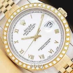 Rolex Mens Datejust 16233 White Roman Dial 18k Yellow Gold Steel Diamond Watch