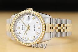 Rolex Mens Datejust 16233 White Roman Dial 18k Yellow Gold Steel Diamond Watch