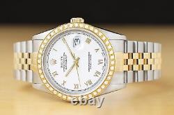 Rolex Mens Datejust 16233 White Roman Dial 18k Yellow Gold Steel Diamond Watch