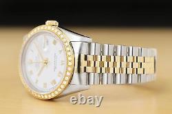 Rolex Mens Datejust 16233 White Roman Dial 18k Yellow Gold Steel Diamond Watch