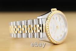Rolex Mens Datejust 16233 White Roman Dial 18k Yellow Gold Steel Diamond Watch