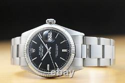 Rolex Mens Datejust 18k White Gold Bezel & Stainless Steel Black Dial Watch