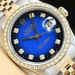 Rolex Mens Datejust Blue Vignette 18k Yellow Gold Diamond & Steel Watch 16013