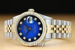 Rolex Mens Datejust Blue Vignette 18k Yellow Gold Diamond & Steel Watch 16013